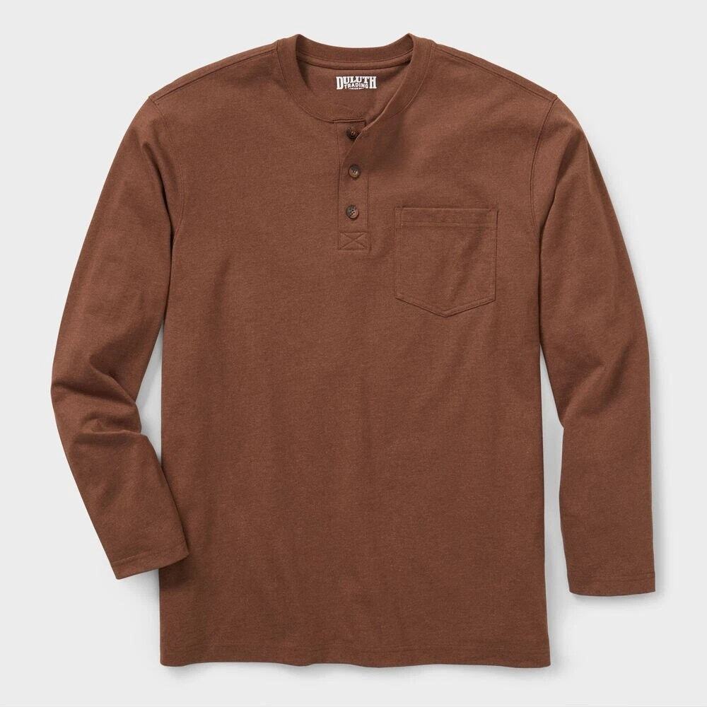 NEW Duluth Trading Co Longtail T Relaxed Long Sleeve Henley T Shirt Brown Sz XL